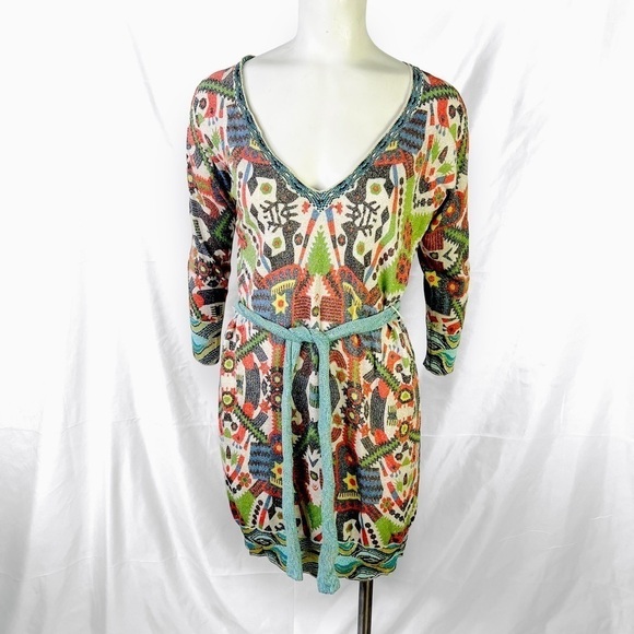 CUSTO BARCELONA MULTICOLOUR AZTEC  BODYCON DROP SHOULDER BELT DRESS LARGE - Picture 8 of 14